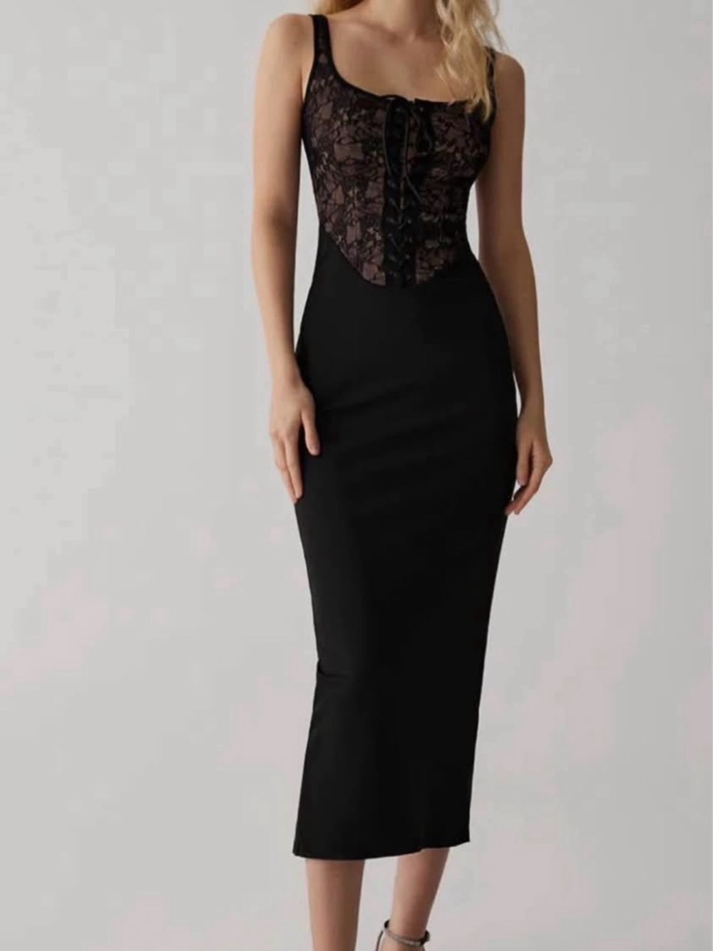 Commense Black Lace-Up Corset Midi Dress